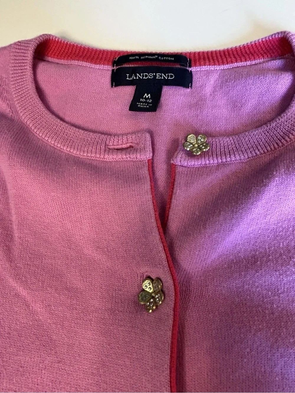 Lands' End Pink Striped Crewneck Cardigan Sweater